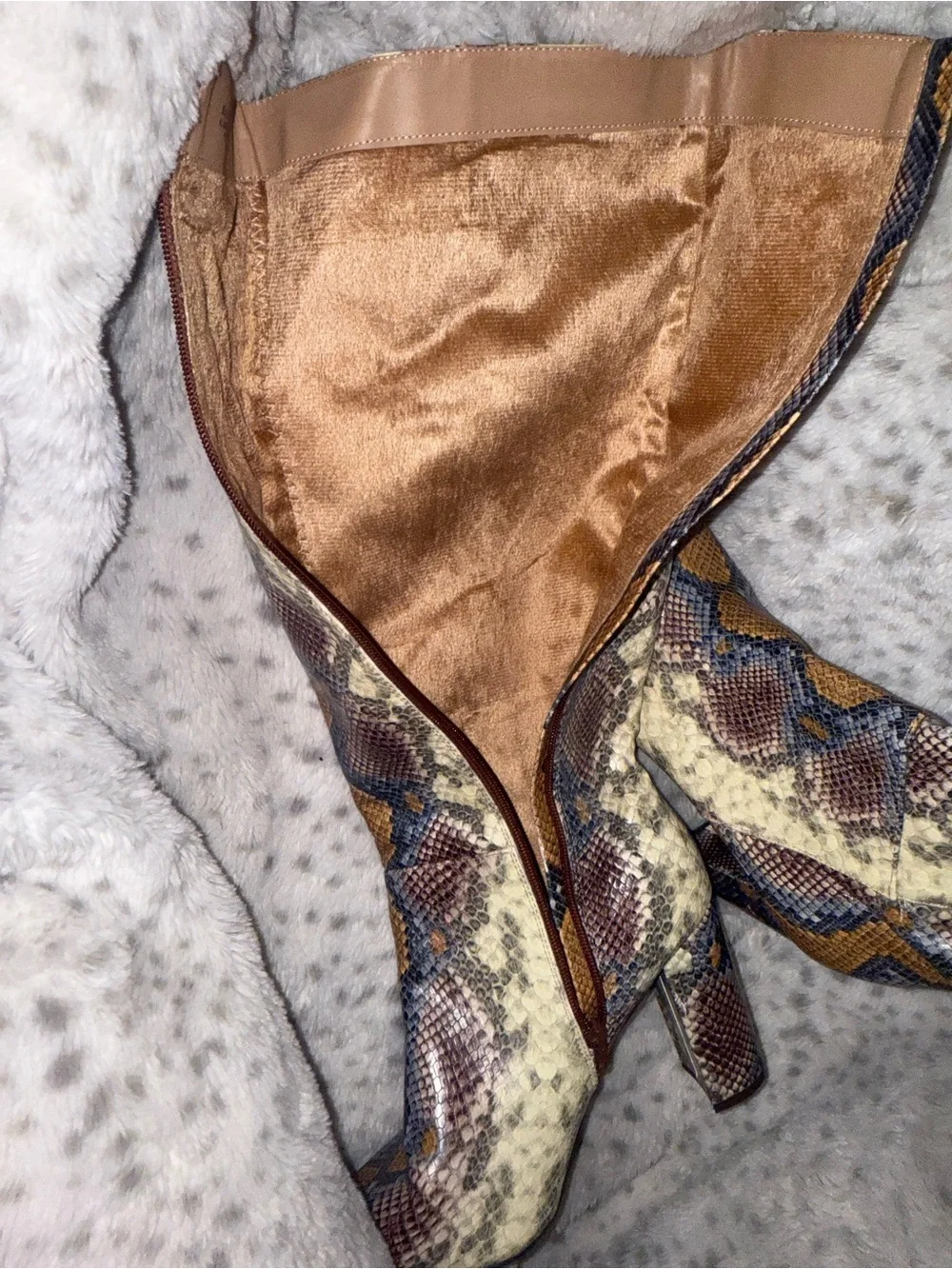 Fashion Nova Snake Print Over-The-Knee Boots in Cream, Brown, Blue